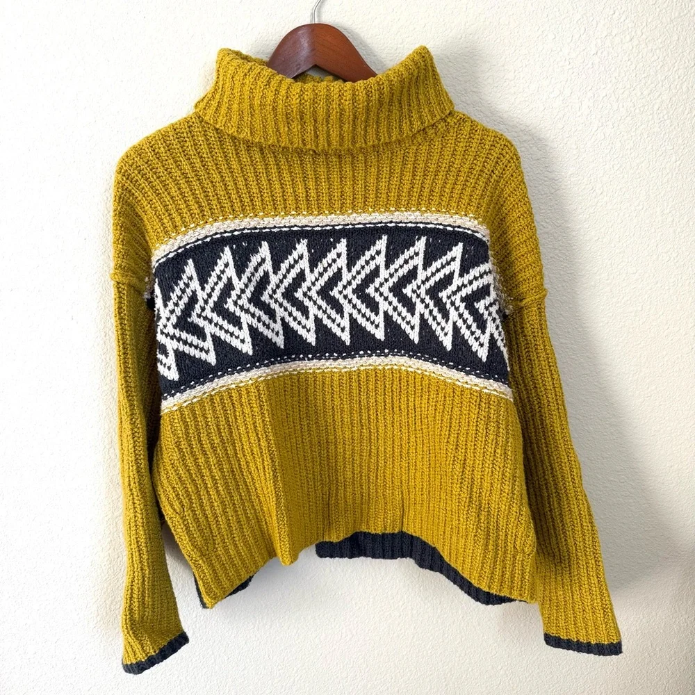 Free People Yellow and Black Patterned Turtleneck Sweater - Picture 3 of 6